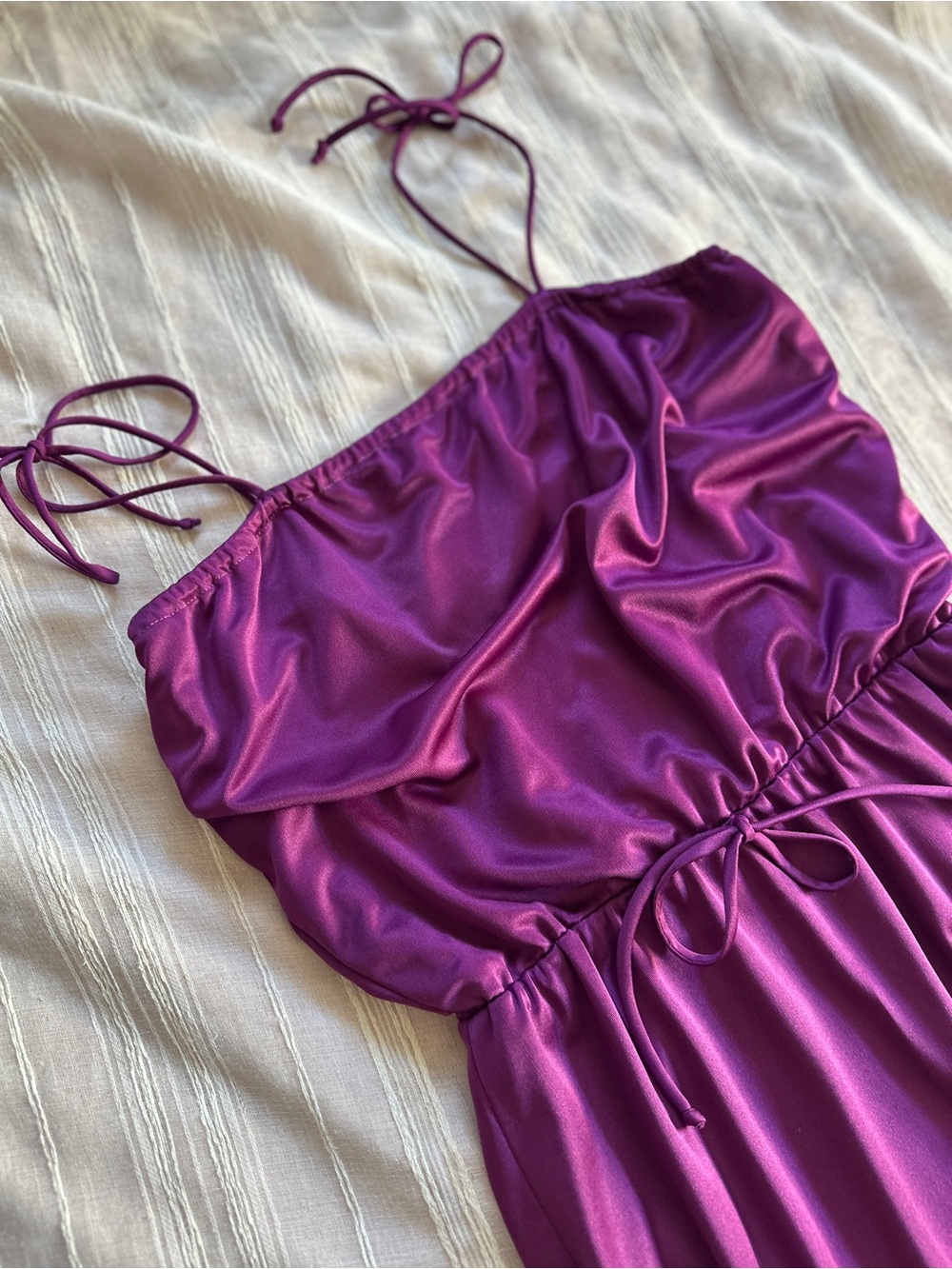 Vintage 70s JOSEPH MAGNIN Purple Ruched Disco Maxi Dress | S/M